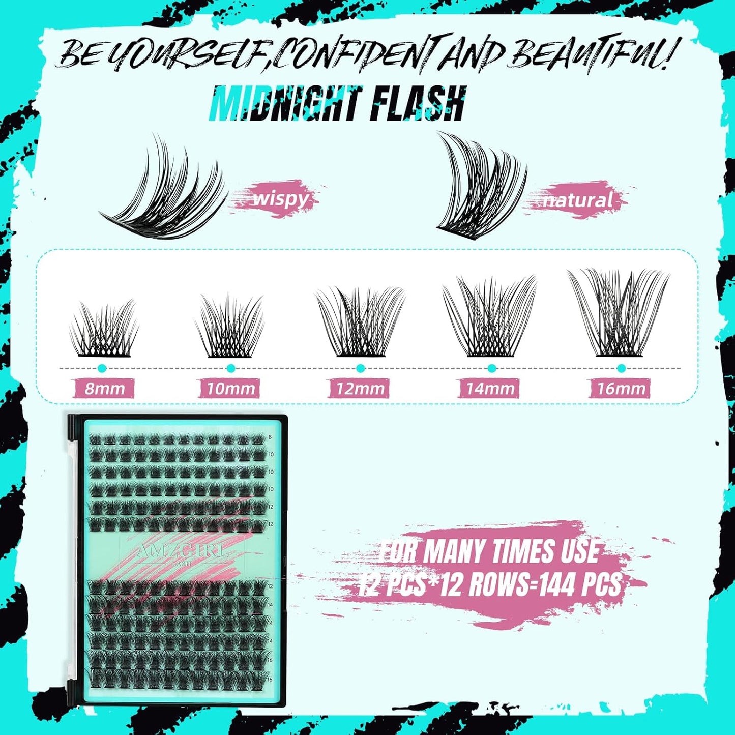 Lash Clusters Kit,144Pcs Eyelash Extension Kit Midnight with Lash Bond and Seal,Lashes Extensions Kit Lash Applicator Tool for Eyelashes Cluster Kit by AMZGlRL(D-Mix8-16mm Kit)