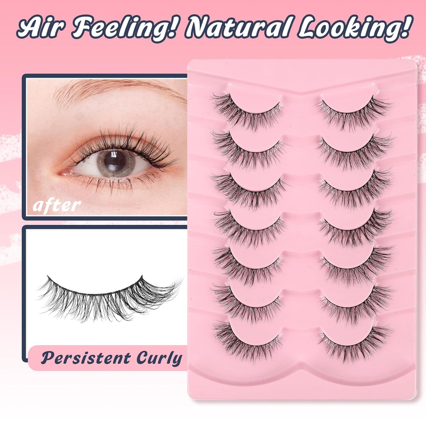 Natural Eyelashes Cat Eye Lashes Wispy Eyelash with 0.1MM Thin Band Strip Lash C Curl 7 Pair
