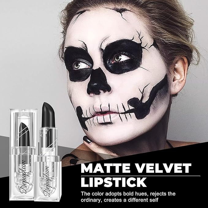 Halloween Black Lipstick Matte Body Painting Stick for Women Waterproof Long Lasting Dark Lipsticks Gothic Zombie Vampire Cosplay Cruelty Free Lipstick, DU-Black