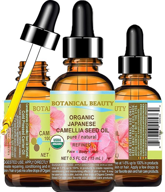 Botanical Beauty Japanese ORGANIC CAMELLIA Seed Oil. 100% Pure Natural Undiluted Refined Cold Pressed Carrier Oil to revitalize and rejuvenate the hair, skin and nails. 0.5 Fl. oz 15 ml