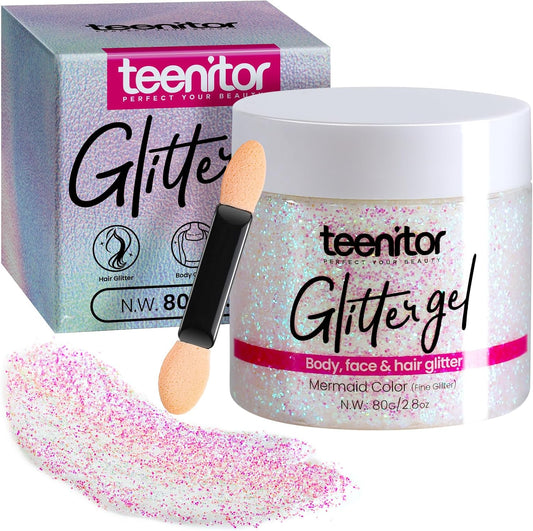 Teenitor Body Glitter, Face Glitter, Hair Glitter Gel, Holographic White Glitter for Face Body Makeup