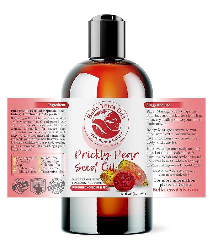 Bella Terra Oils - Prickly Pear Oil 16oz - Delve into the Cactus Oil Charm, Steeped in Calcium & Potassium, A Rare Gem for Timeless Beauty
