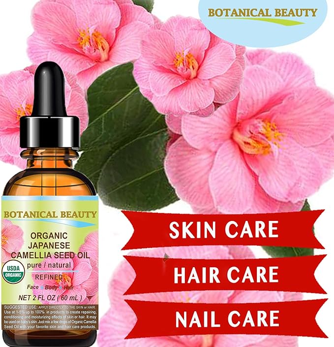 Botanical Beauty Japanese ORGANIC CAMELLIA Seed Oil. 100% Pure Natural Undiluted Refined Cold Pressed Carrier Oil to revitalize and rejuvenate the hair, skin and nails. 4 Fl. oz 120 ml