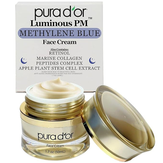 PURA D'OR 1.7 Oz Luminous PM Face Cream - Methylene Blue, Marine Collagen, Retinol, Peptides, Apple Stem Cell Extract - Anti-Aging Nighttime Moisturizer - Overnight Facial Treatment For Women & Men