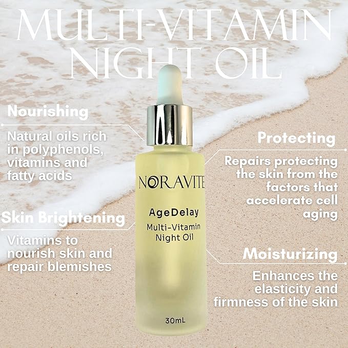 AgeDelay Multi-Vitamin Night Facial Oil - Intensive Skin Tightening Oil & Moisturizer - Nourishes Protects & Rejuvenates - Antioxidant Serum w/Vitamin E, Omega 3,6,9 & Seaweed - 30ml