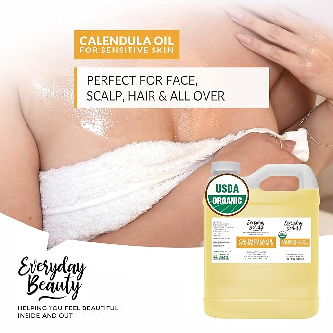 Organic Calendula Oil For Sensitive Skin -Bulk 32 Fl Oz- USDA Organic Certified 100% All Natural Plant Based, Lightweight & Unscented Gentle Soothing Oil For Sensitive Skin - For Face, Skin & All Over