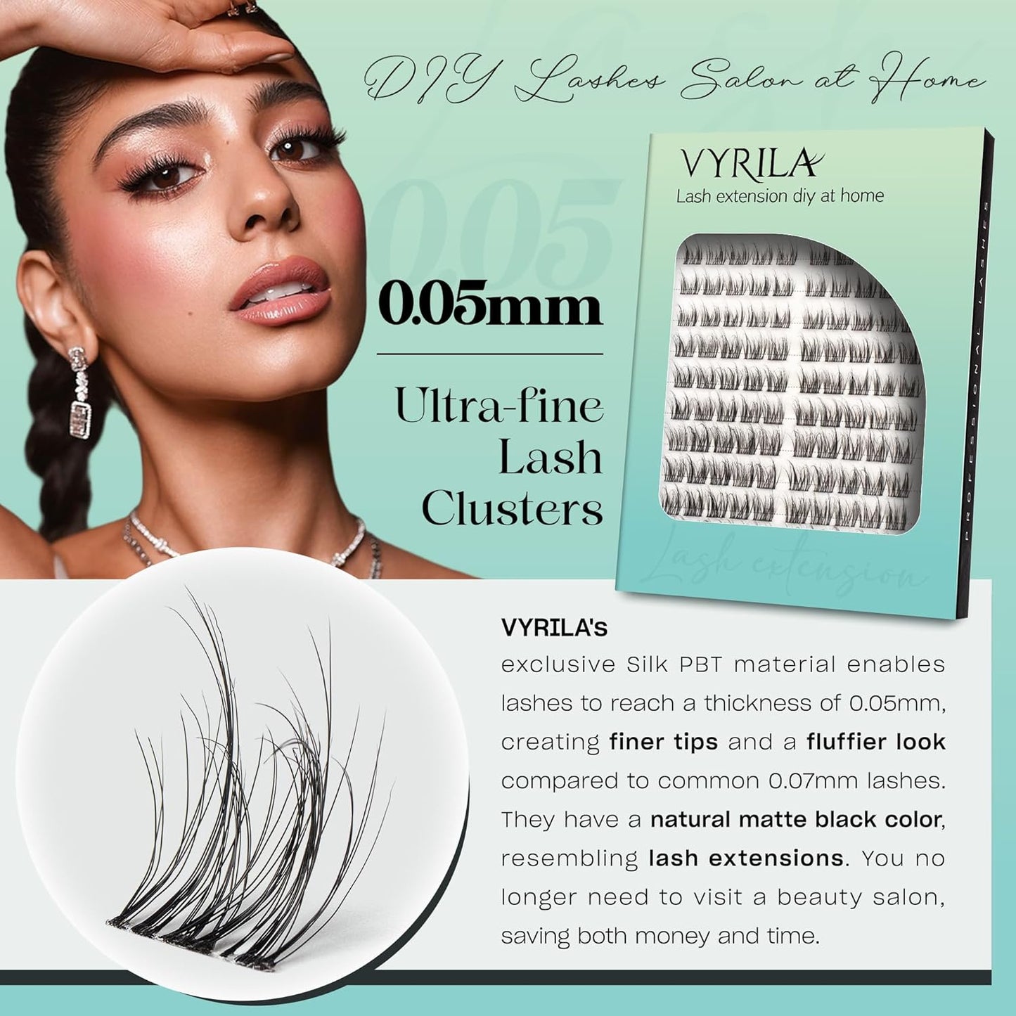 Lash Clusters 0.05mm Individual Lashes, 3D Wispy Lashes Clusters, 0.1mm Super Thin Band Resuable Natural Lashes,D Curl Faux Mink Lashes,180pcs Lash Extension (Green Charm-D-0.05-8-16mix)