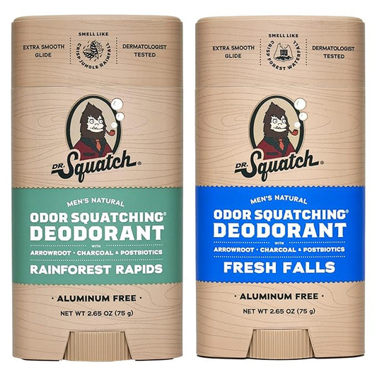 Dr. Squatch Natural Deodorant for Men - Odor-Squatching Aluminum Free - Rainforest Rapids & Fresh Falls (2.65 oz, 2-Pack)