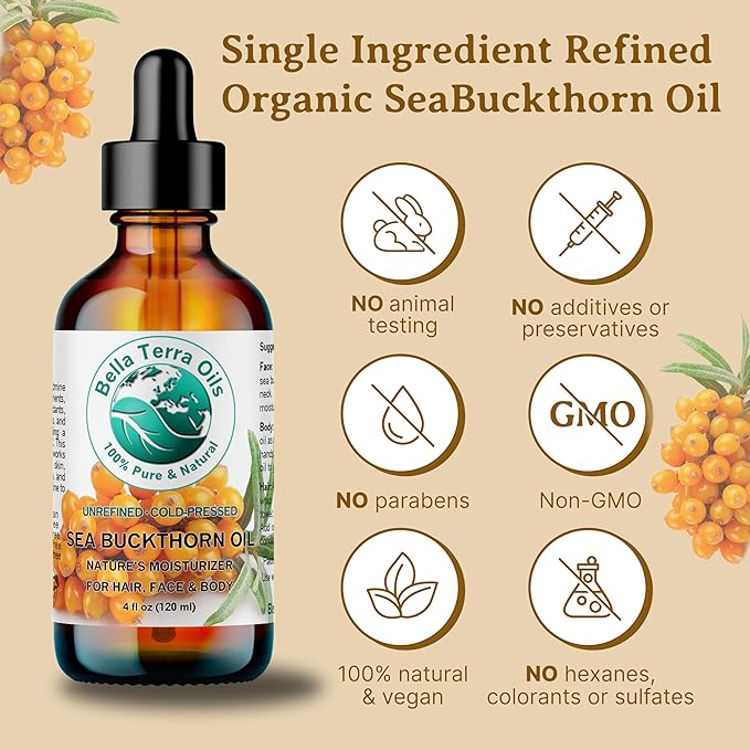 Bella Terra Oils - Sea Buckthorn Oil 16 oz - Capturing the Essence of Organic Sea Buckthorn Berries, Loaded with Omega-7 & Omega-9, A Sumptuous Embrace for Skin
