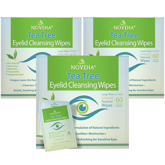 NOVEHA Tea Tree Oil Eyelid & Lash Wipes With Hyaluronic Acid, Green Tea & Chamomile For Blepharitis & Itchy Eyes, Individually Wrapped Eyelash Wipes Natural Makeup Remover & Daily Cleanser (Pack of 3)