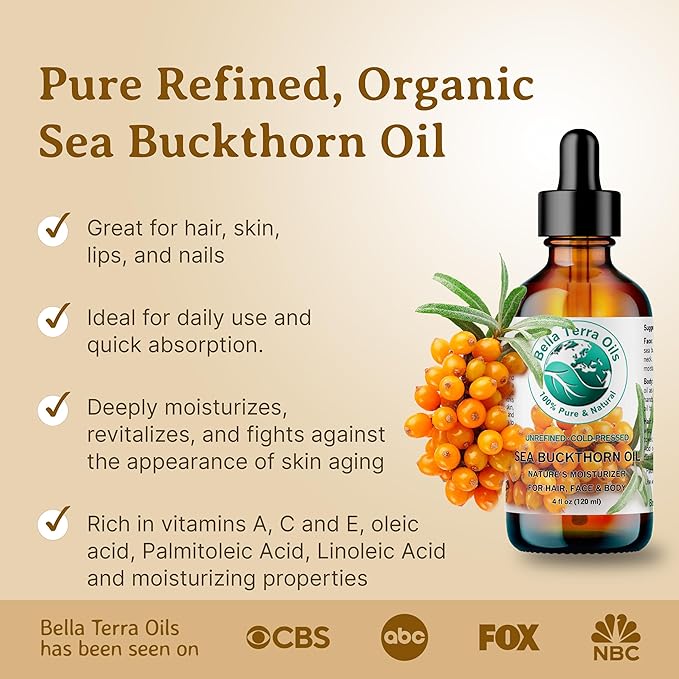 Bella Terra Oils - Sea Buckthorn Oil 16 oz - Capturing the Essence of Organic Sea Buckthorn Berries, Loaded with Omega-7 & Omega-9, A Sumptuous Embrace for Skin