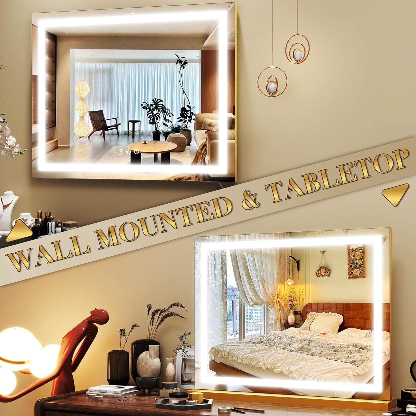 Gold Vanity Mirror with Lights 23x18 Inch, 3-Color Dimmable LED & Touch Control - Large Makeup Mirror for Dressing Room (Wall/Tabletop Mount)