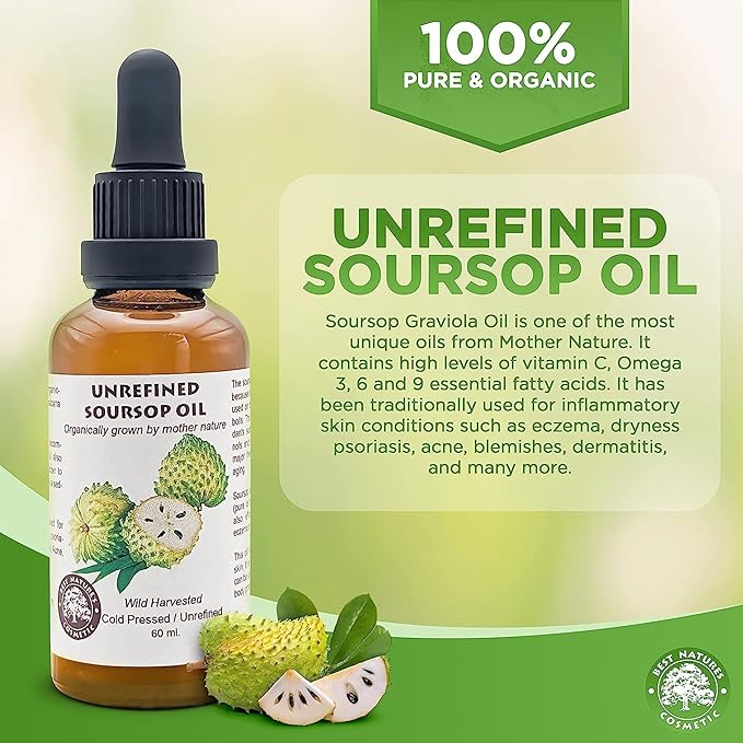 Best Nature's Cosmetics Virgin Soursop Graviola Guanabana Oil (Organic, Undiluted, Cold Pressed, Unrefined) 1 oz / 30 ml – Natural Moisturizer for Dry and Damaged Skin.