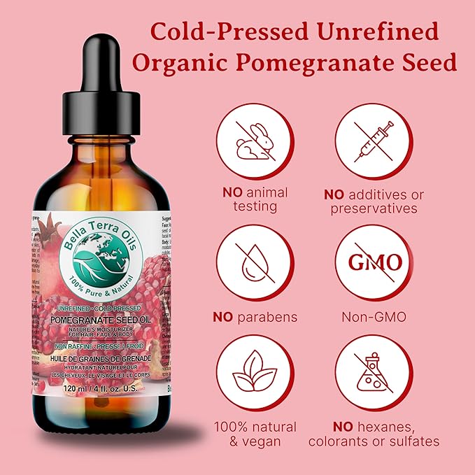 Bella Terra Oils - Organic Pomegranate Seed Oil 8 oz - Rich in Nutrients for Skin Hydration, Cold-Pressed from Organic Pomegranate Kernels