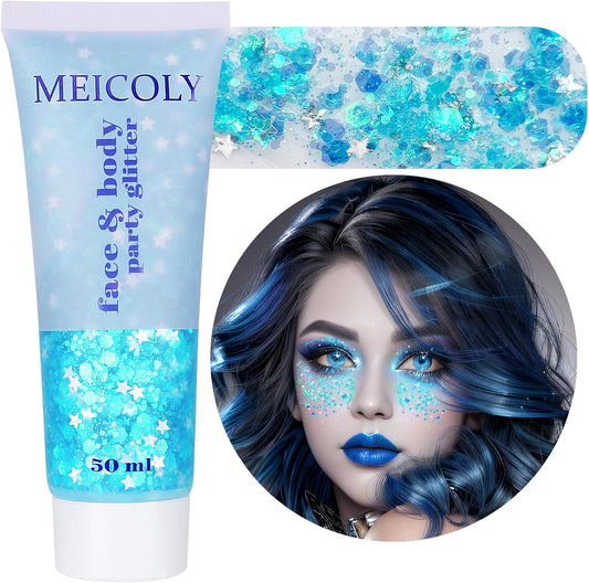 MEICOLY Light Blue Body Glitter,Mermaid Princess Face Glitter Gel,Ice Blue Glitter Face Paint for Halloween,Frozen Birthday Party Decorations,Chunky Glitter for Eye Lip Hair,Festival Rave Glitter Gel