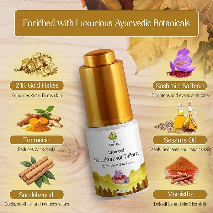 Kumkumadi Tailam 24K Gold Tailam | Organic Face Oil With 24K Pure Gold Flakes | Ayurvedic Face Oil for Healthy Skin, Dark Spots & Hydration | For Men & Women | 12ML (pack of 1)