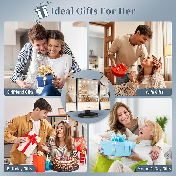 HUONUL Makeup Mirror Vanity with Lights, 2X 3X 10X Magnification, Touch Control, Trifold Mirror, Dual Power Supply, Gifts for Women, Wife, Mom, Teengirls(Black)