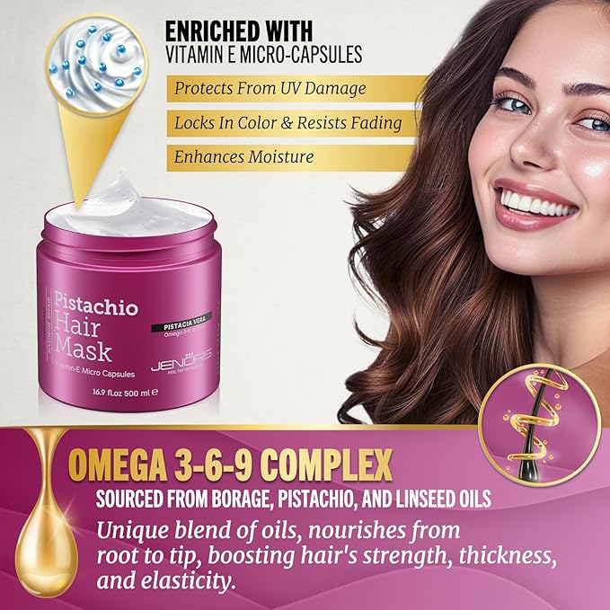Jenoris Pistachio Hair Mask for Dry Damaged Hair – Deep Conditioning Hair Mask Treatment with Pistachio Oil & Vitamin E, For Color-Treated Hair, For Hair Repair, Paraben & Salt Free, 16.9 Fl Oz
