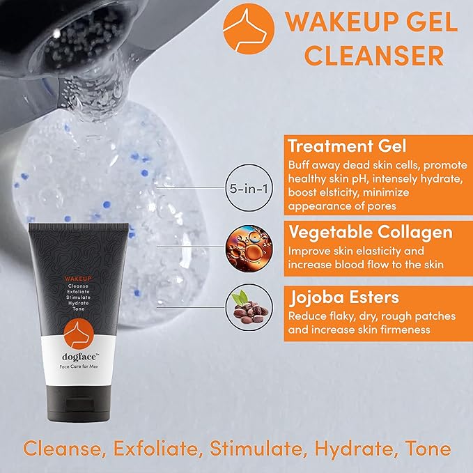 Dogface Men's Skincare Set- Technobrush, Electric Facial Brush, Wakeup Gel Face Wash to Hydrate Skin, Day Boom, Night Boost Retinol Serum, Eye Cream