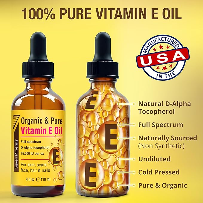 Seven Minerals New Ultra Pure Vitamin E Oil - 75,000 IU Full-Spectrum D-Alpha Tocopherol, 1 Fl Oz - 100% Organic Vitamin E Oil for Skin, Face, Hair, and Scars - Naturally Occurring = Not Synthetic