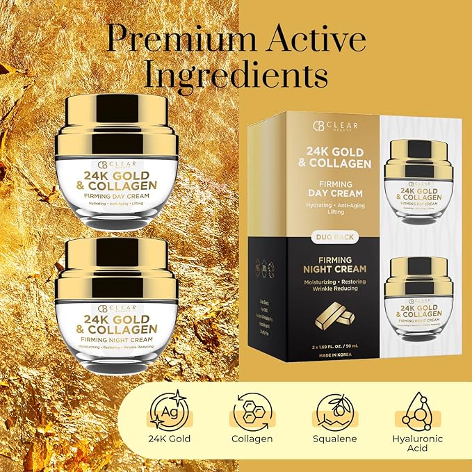 24K Gold & Collagen Day/Night Moisturizer Set - Dermatologist Tested, Hydrating, Anti-Aging Cream, Natural Ingredients, Cruelty Free Korean Skin Care, All Skin Types - Value Pack