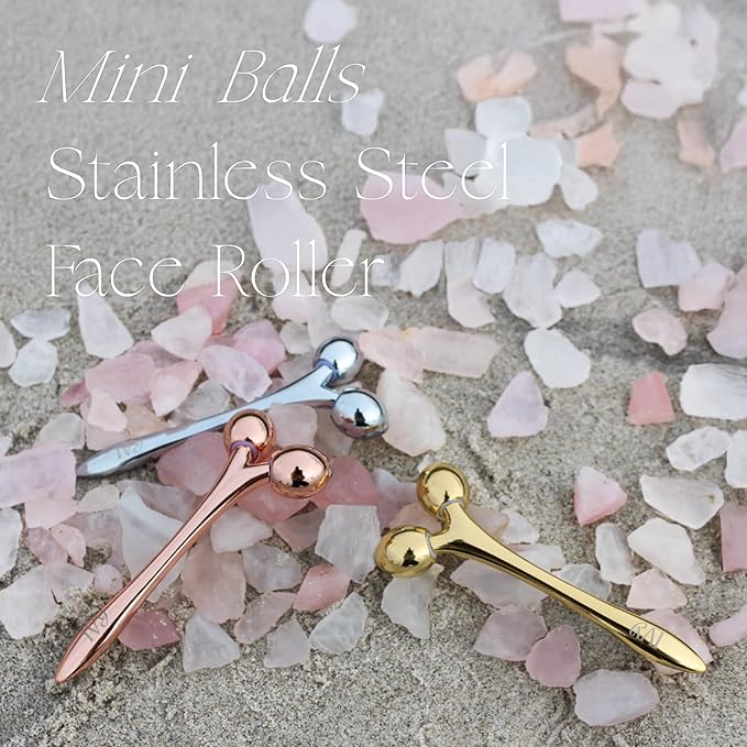 mwein Ivy 3D Face Massage Roller – Mini Lightweight Small Travel-Sized Y-Shaped Stainless Steel – Jade Roller, Ice Roller, Cellulite Roller – Face Sculpting Tool (Rose Gold/Pink)