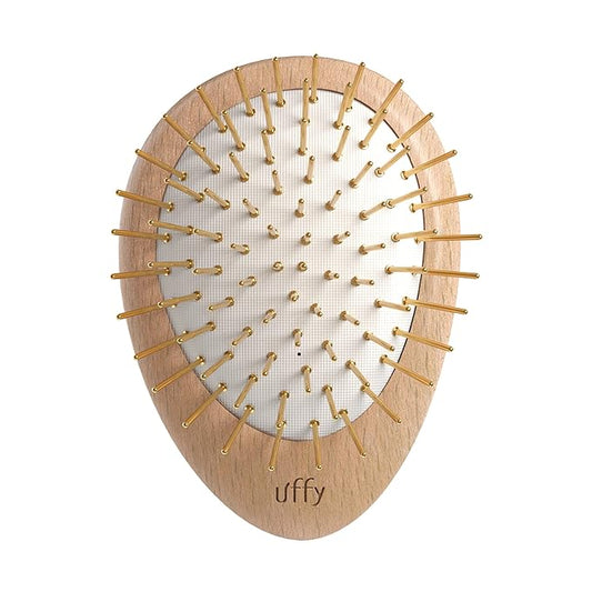 Uffy Acubrusher – 24K Gold-Plated Gua Sha Hair Brush - Ergonomic Scalp Massager for Dandruff & Hair Growth, Suitable for All Hair Types - Ideal Gift for Mom in Beech Wood