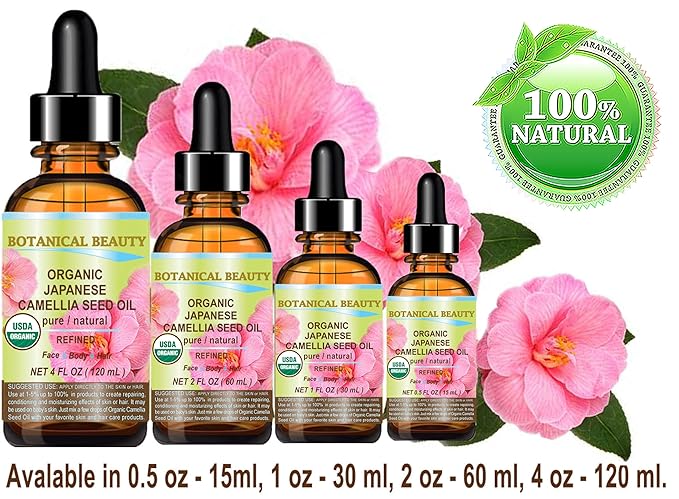 Botanical Beauty Japanese ORGANIC CAMELLIA Seed Oil. 100% Pure Natural Undiluted Refined Cold Pressed Carrier Oil to revitalize and rejuvenate the hair, skin and nails. 2 Fl. oz 60 ml
