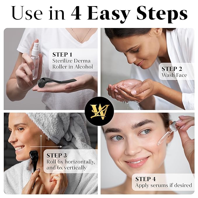 Derma Roller for Skin, Hair & Beard – Women and Men Titanium Microneedling Roller for Face & Scalp, Safe & Easy to Use - Glossy Black