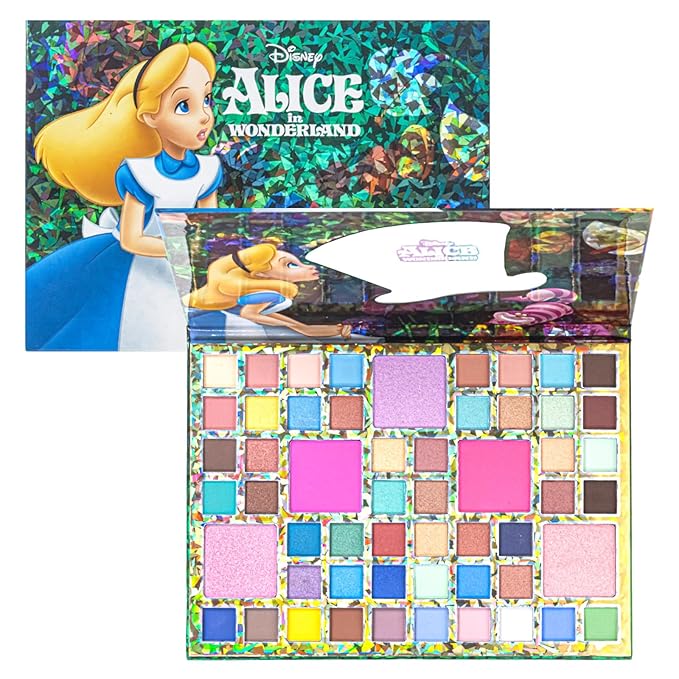 Alice in Wonderland 55 Well Eye Shadow Palette with Mirror, Makeup for Girls and Teens, Shimmery and Matte Colors, by Townley Girl
