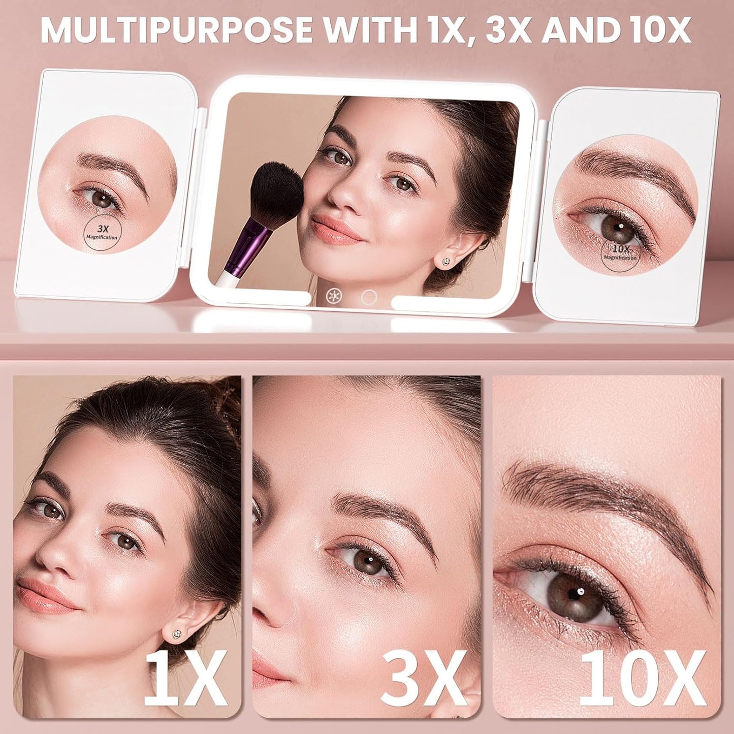 Trifold Travel Lighted Makeup Mirror, 5000mAh Rechargeable Light Up Magnifying Mirrors 1X/3X/10X, 3 Color Lighting&Stepless Dimming, Ultra Bright and Multi-Angle Adjustment