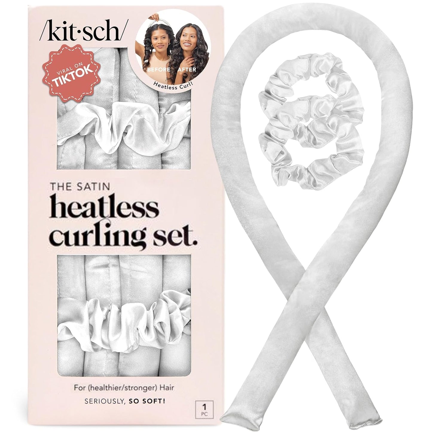 Kitsch Satin Heatless Hair Curler Set - Heatless Curls Overnight, Hair Rollers for Soft Curls & Frizz-Free Styling, No Heat Curlers To Sleep in, Curling Rod Headband with 2 Scrunchies - Ivory