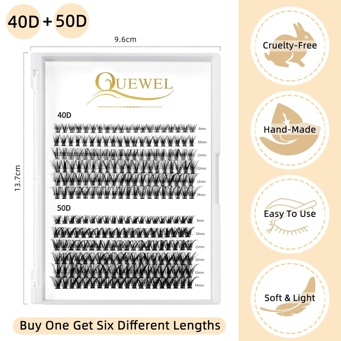 QUEWEL Cluster Lashes 240Pcs Individual Lashes 40D+50D C Curl Mix8-14mm Lash Extensions Clusters Lashes Soft&Natural False Eyelashes Individual DIY Eyelash Extension at Home(40D+50D C mix-8-14)