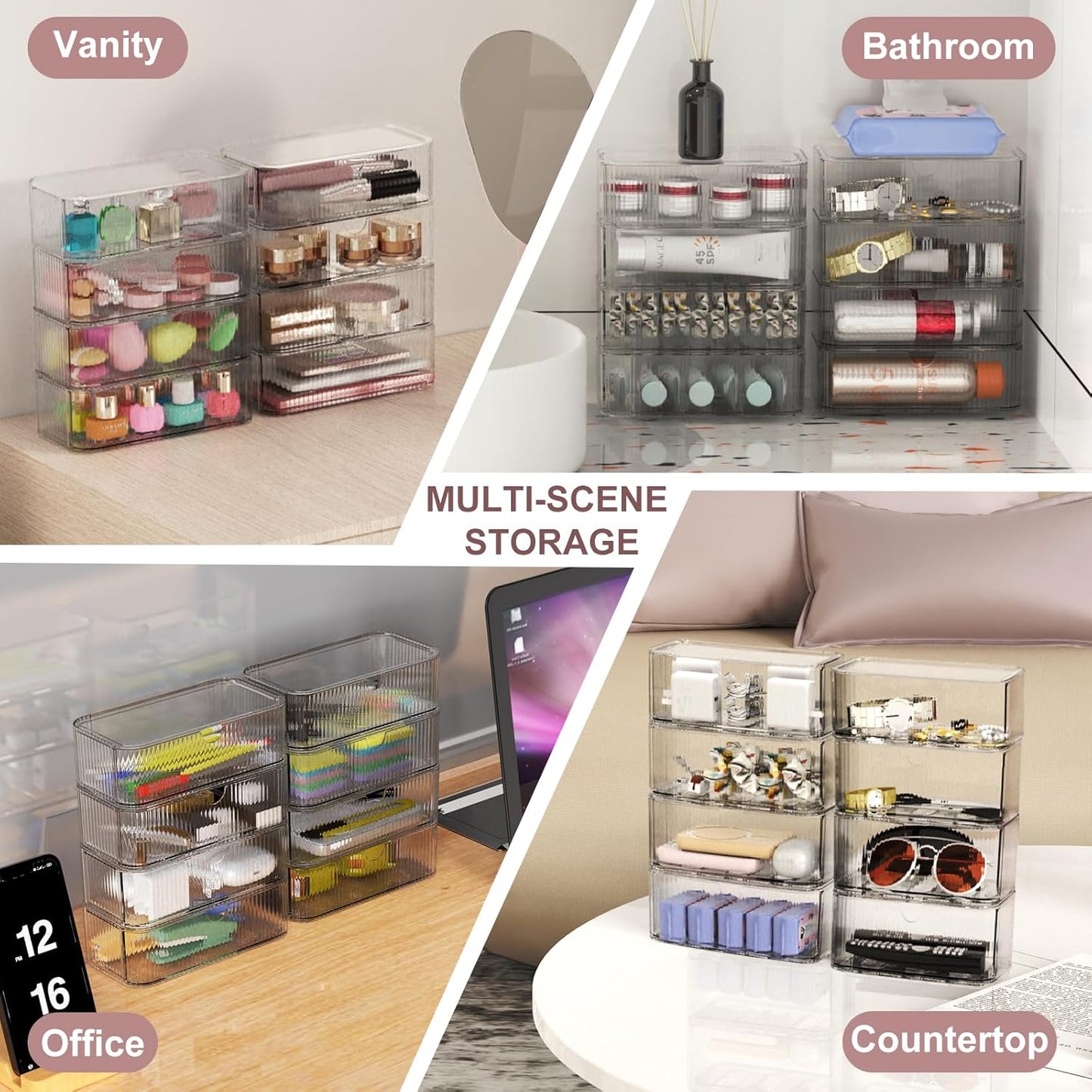 8-Pack Clear Stackable Storage Drawers with 16 Non-Slip Silicone Feet, Multi-Purpose Cosmetic & Home Organizers for Vanity, Office, Bathroom, Pantry, Easy-Pull Transparent Acrylic Storage Bins