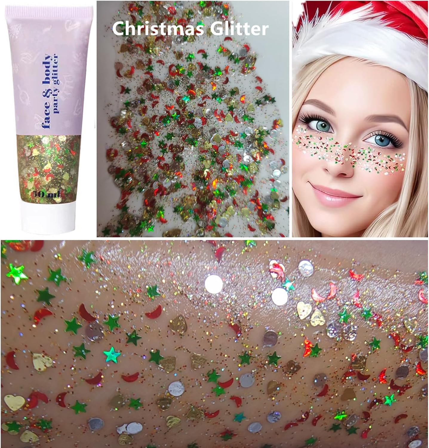 Go Ho Christmas Body Hair Face Glitter Gel,Christmas Glitters Face Paint,Holographic Colorful Sequins Chunky Reflective Face Glitter Makeup,Festival Rave Outfits for Women