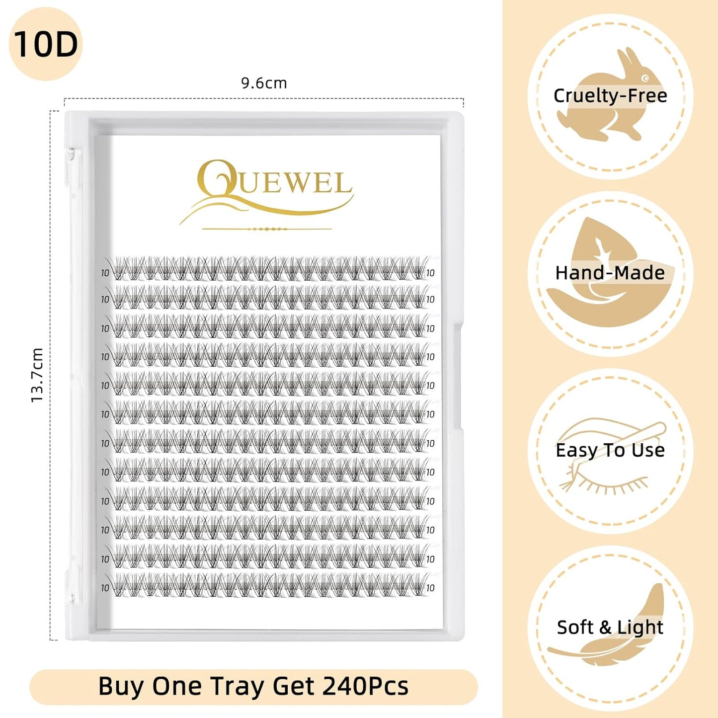 QUEWEL Cluster Lashes 240Pcs Individual Lashes 10D 0.10C Curl 10mm Knot-Free Lash Extensions Clusters Lashes Soft&Natural False Eyelashes Individual DIY Eyelash Extension at Home(10D 0.10C 10)