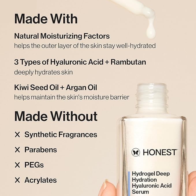 Honest Beauty Hydrogel Deep Hydration Hyaluronic Acid Serum, Moisturizes Plumps, Hypoallergenic, Fragrance-Free, Vegan, Gentle for Sensitive Skin, 1 fl oz