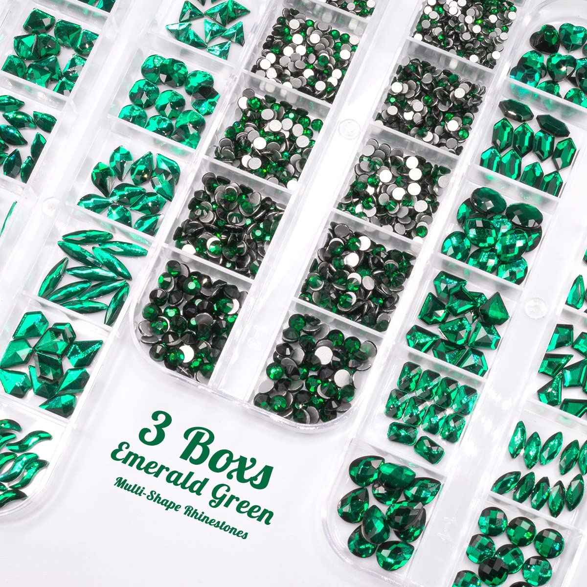 3 Boxes Emerald Green Nail Rhinestones 240 Multi-Shapes Big Gems Dark Green Flatback Round Beads K9 Glass Crystals Stones Nail Art Charms for Nails Face Eyes Makeup DIY Crafts Tumblers Bottles
