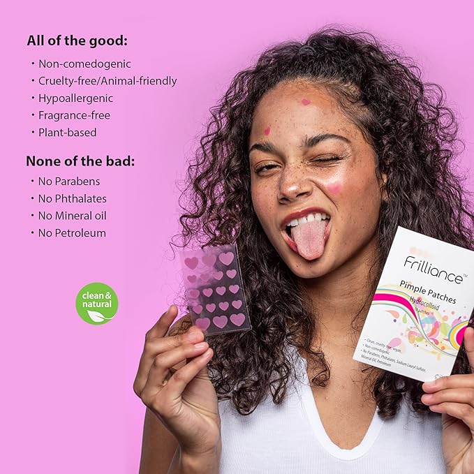 Frilliance Pink Heart Shaped Hydrocolloid Acne Pimple Patches for Zits and Blemishes (36 Count, 2 Sizes) Spot Treatment Stickers for Face & Skin, Vegan and Cruelty Free