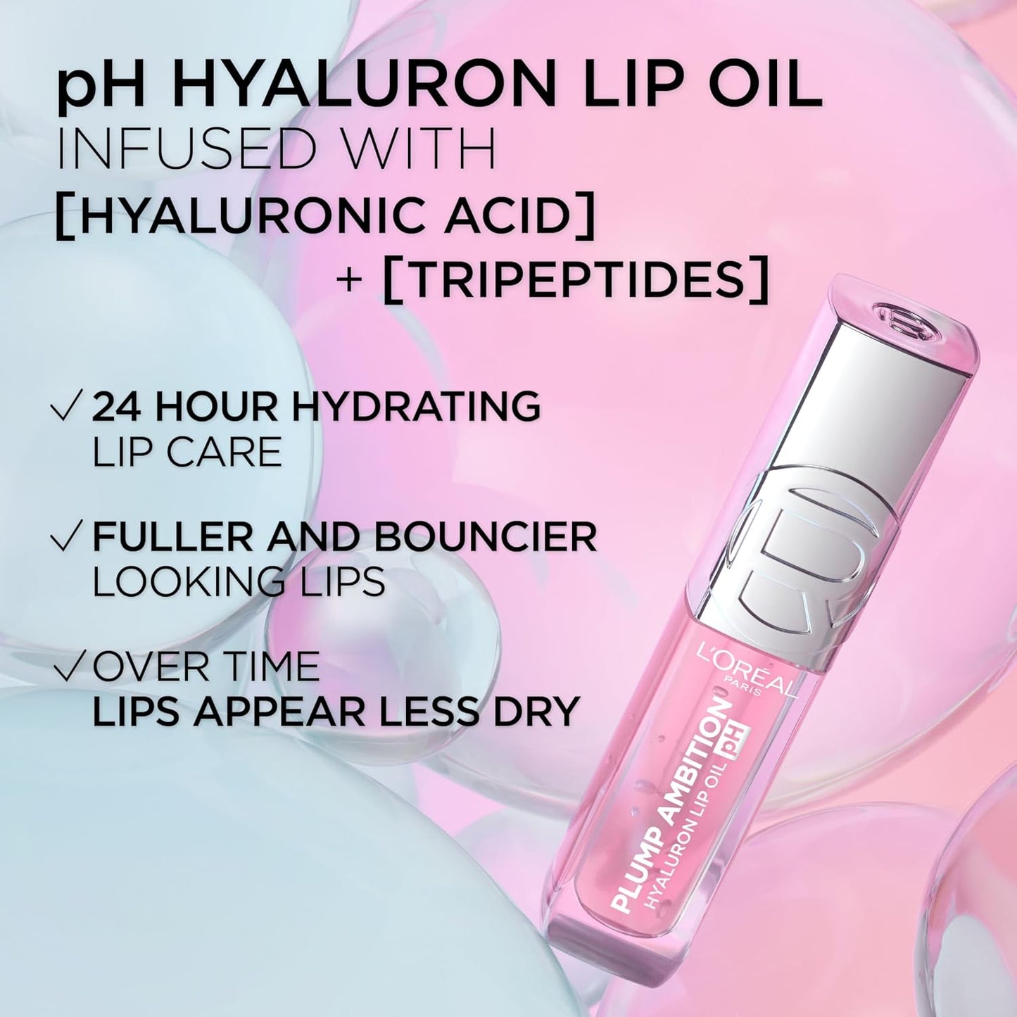 L'Oreal Paris Plump Ambition pH Hyaluron Lip Oil, Color Shifting Lip Tint with 24HR Hydration, Volumizing Shine and Lasting Color, 090 pH Berry Noir