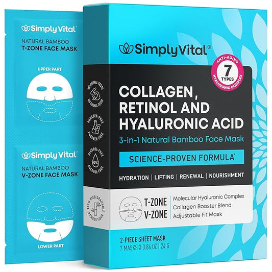 SimplyVital Collagen Face Mask with Retinol & Hyaluronic Acid - Bamboo Sheet Mask for Tightening & Lifting, Hydration & Elasticity, Anti-Aging Facial Lift Mask Skin Care, Mascarillas Faciales - 7 Pack