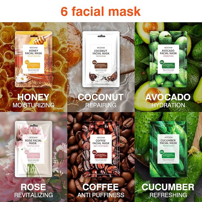 Face Mask Skincare, 24 Pack Variety Sheet Masks - Spa Party Face Masks - Natural Ingredients, Moisturizing & Soothing - Suitable for All Skin Types