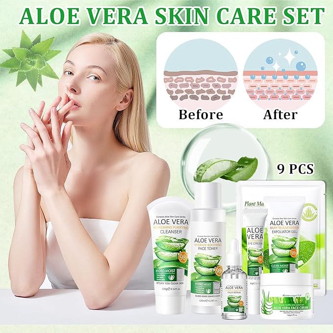 9 Pcs Aloe Vera Skin Care Set with Facial Cleanser,Toner,Face Serum,Face Cream,Eye Cream,Aloe Vera Gel,Hydrating Face Sheet Masks Skin Care Kit for Women and Men