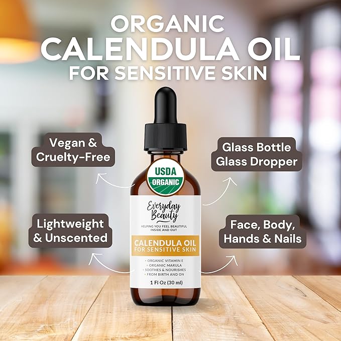 Organic Calendula Oil For Sensitive Skin - USDA Certified 100% Natural Plant Based, Lightweight & Unscented Gentle Soothing Oil For Sensitive Skin - For Face, Skin & All Over - 1 Fl Oz Glass & Dropper
