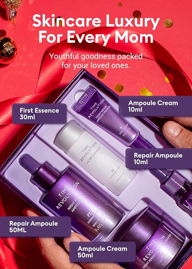 MISSHA Time Revolution Night Repair 5X Gift Set Night Repair Ampoule and Cream 5X, The First Essence 5X for Youthful, Glass Skin, Korean Skin Care