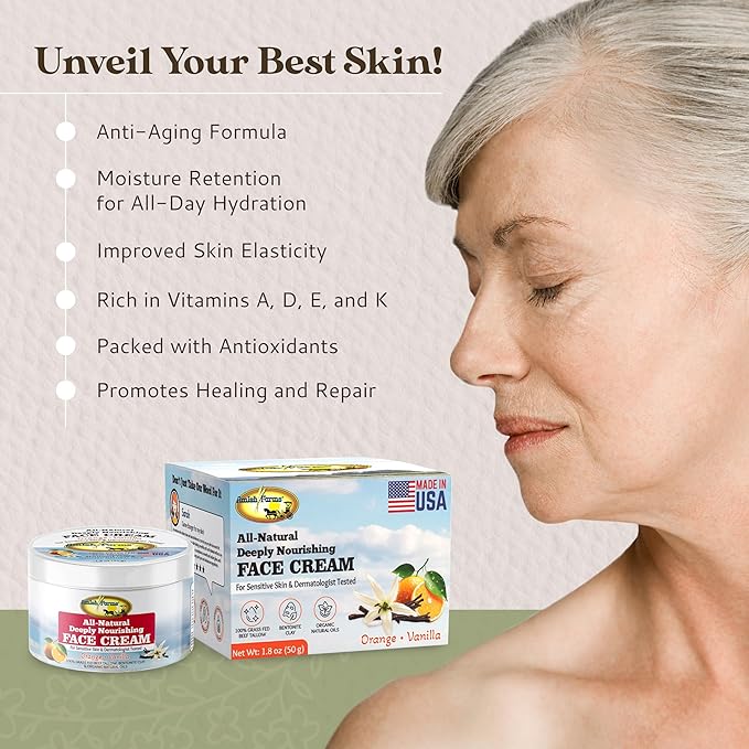 Amish Farms Tallow Face Cream - Handcrafted Beef Tallow for Skin Moisturizer Infused with Natural Ingredients, Orange & Vanilla Oils, 100% Grass-Fed Beef Tallow for Hydrated & Radiant Skin (50g Jar)
