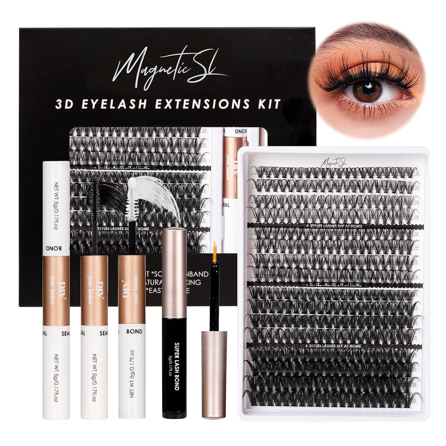 Lash Clusters 320pcs Lash Extension Kit 30D 40D 80D 100D Individual Lashes Kit 12-20mm Eyelash Extension Kit with Lash Bond&Seal,Lash Remover and Lash Tweezers for Easy Use(30/40/80/100D-0.07D Kit))