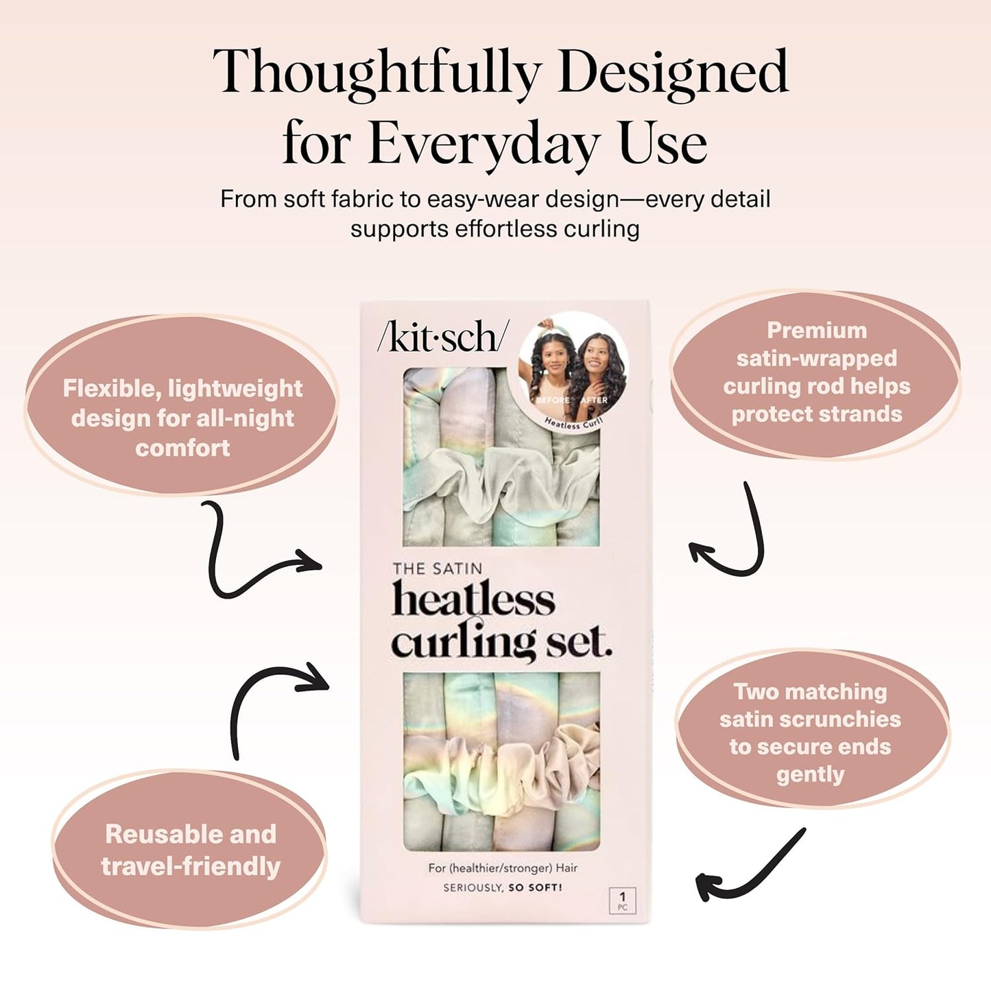 Kitsch Satin Heatless Hair Curler Set - Heatless Curls Overnight, Hair Rollers for Soft Curls & Frizz-Free Styling, No Heat Curlers To Sleep in, Curling Rod Headband with 2 Scrunchies - Aura