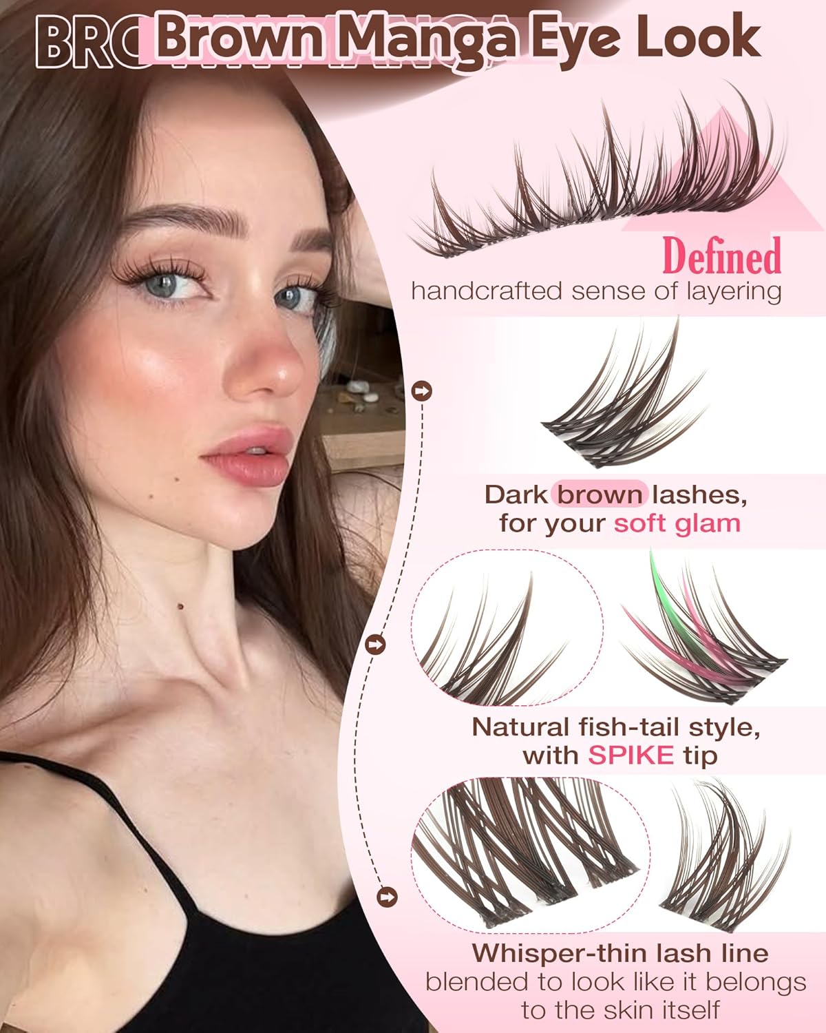 Brown Manga Lash Clusters Kit Natural Cluster Eyelash Extensions Kit CD Curl Wispy Fairy Eyelashes Clusters Anime Individual Lashes 180pcs