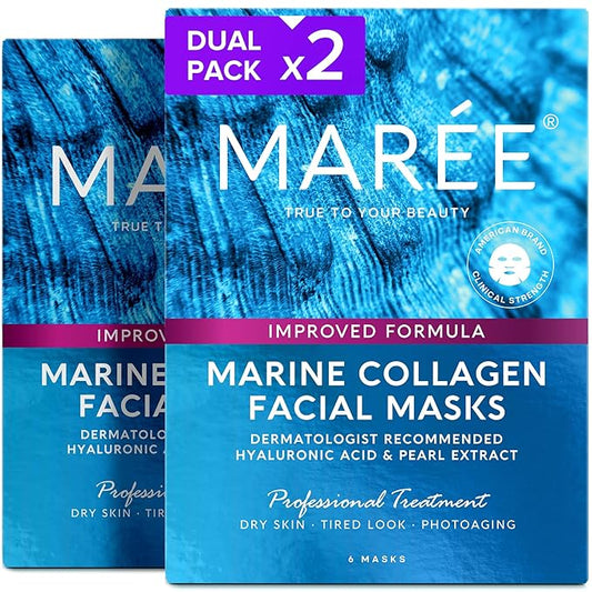 MAREE Collagen Facial Mask with Hyaluronic Acid 2 PACK - Sheet Face Masks Skincare with Green & Red Algae Extract - Hydrating Mascarillas Faciales For Women Skin Care | Facial Mask 2 Pack